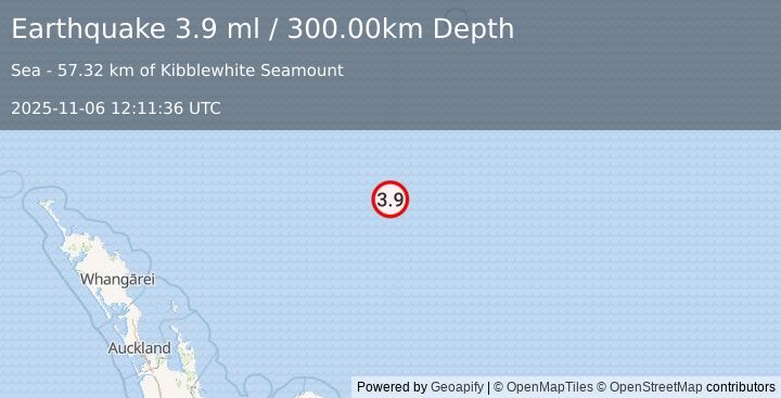 Earthquake SOUTH OF KERMADEC ISLANDS (3.9 ml) (2025-11-06 12:11:36 UTC)