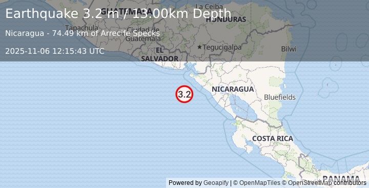 Earthquake NEAR COAST OF NICARAGUA (3.2 m) (2025-11-06 12:15:43 UTC)