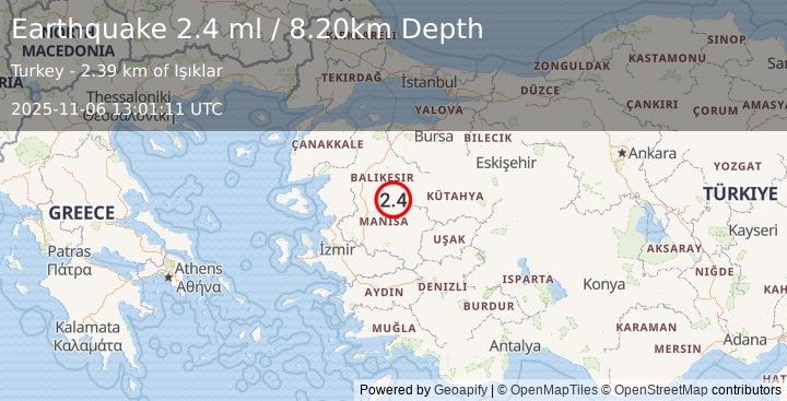 Earthquake WESTERN TURKEY (2.0 ml) (2025-11-06 13:01:33 UTC)