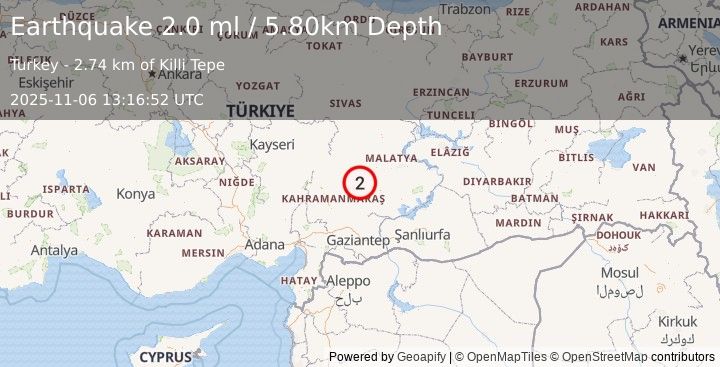 Earthquake CENTRAL TURKEY (2.0 ml) (2025-11-06 13:16:52 UTC)