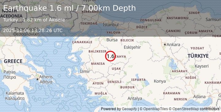 Earthquake WESTERN TURKEY (1.6 ml) (2025-11-06 13:28:26 UTC)