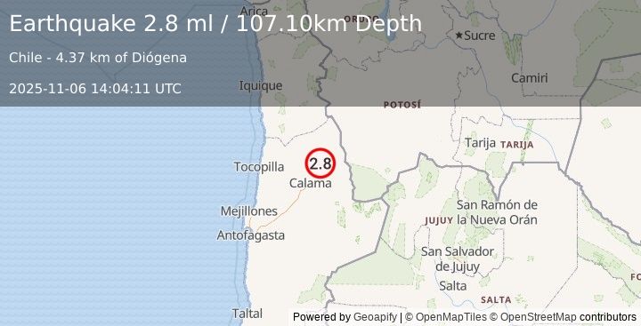 Earthquake ANTOFAGASTA, CHILE (2.8 ml) (2025-11-06 14:04:11 UTC)