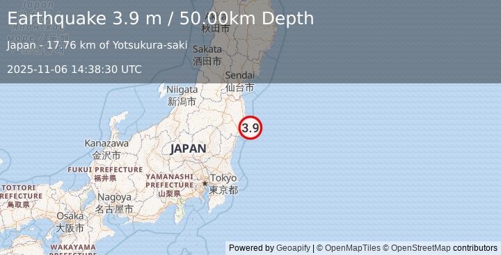 Earthquake NEAR EAST COAST OF HONSHU, JAPAN (3.9 m) (2025-11-06 14:38:30 UTC)