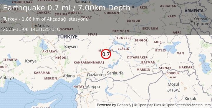 Earthquake EASTERN TURKEY (0.7 ml) (2025-11-06 14:31:25 UTC)