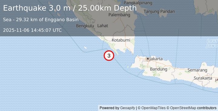 Earthquake SOUTHERN SUMATRA, INDONESIA (3.0 m) (2025-11-06 14:45:07 UTC)