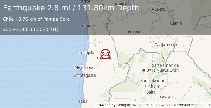 Earthquake ANTOFAGASTA, CHILE (2.8 ml) (2025-11-06 14:50:40 UTC)