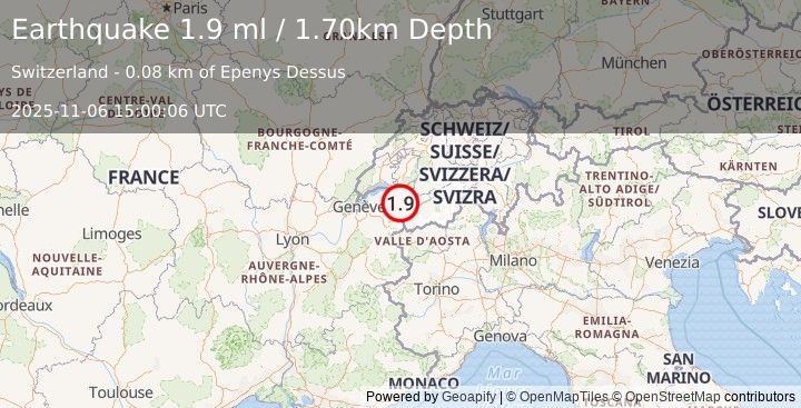 Earthquake SWITZERLAND (1.9 ml) (2025-11-06 15:00:06 UTC)