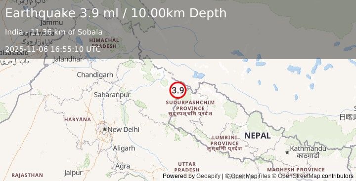 Earthquake NEPAL-INDIA BORDER REGION (3.8 ml) (2025-11-06 16:55:16 UTC)
