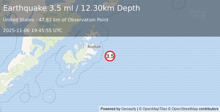 Earthquake KODIAK ISLAND REGION, ALASKA (3.5 ml) (2025-11-06 19:45:53 UTC)