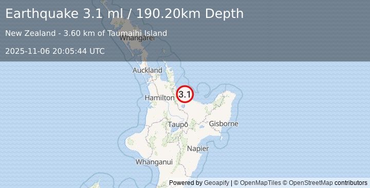Earthquake NORTH ISLAND OF NEW ZEALAND (3.1 ml) (2025-11-06 20:05:44 UTC)