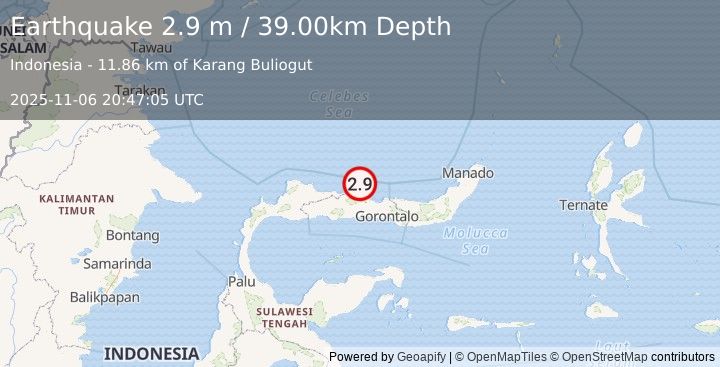 Earthquake MINAHASA, SULAWESI, INDONESIA (2.9 m) (2025-11-06 20:47:05 UTC)