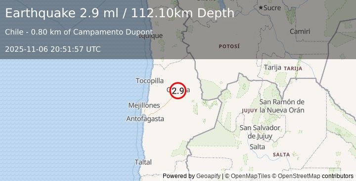 Earthquake ANTOFAGASTA, CHILE (2.9 ml) (2025-11-06 20:51:57 UTC)