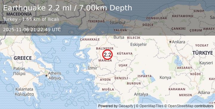 Earthquake WESTERN TURKEY (2.2 ml) (2025-11-06 21:22:49 UTC)