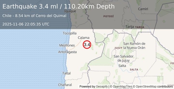 Earthquake ANTOFAGASTA, CHILE (3.4 ml) (2025-11-06 22:05:35 UTC)