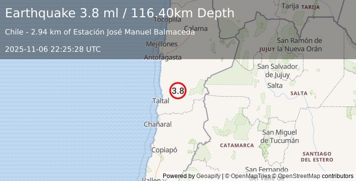 Earthquake ANTOFAGASTA, CHILE (3.8 ml) (2025-11-06 22:25:29 UTC)