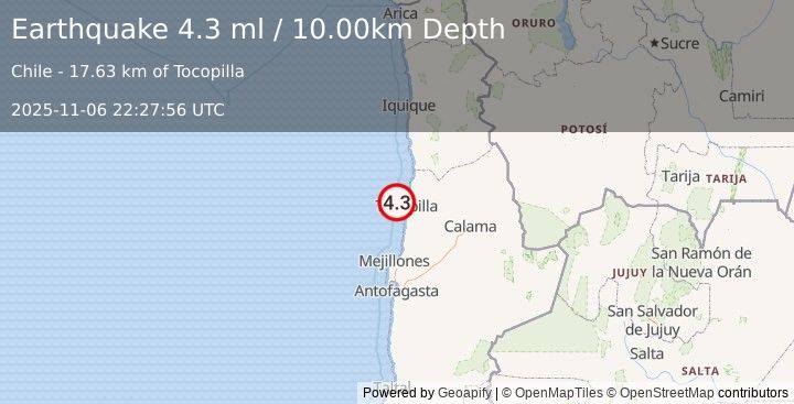 Earthquake OFFSHORE ANTOFAGASTA, CHILE (3.9 ml) (2025-11-06 22:27:59 UTC)