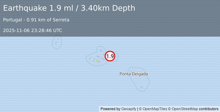 Earthquake AZORES ISLANDS, PORTUGAL (1.9 ml) (2025-11-06 23:28:46 UTC)