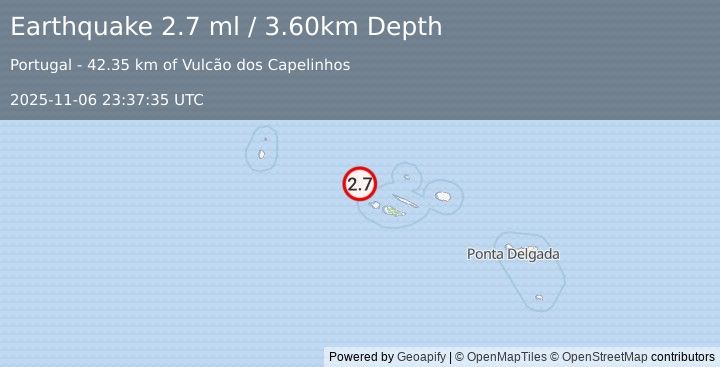 Earthquake AZORES ISLANDS, PORTUGAL (2.7 ml) (2025-11-06 23:37:35 UTC)