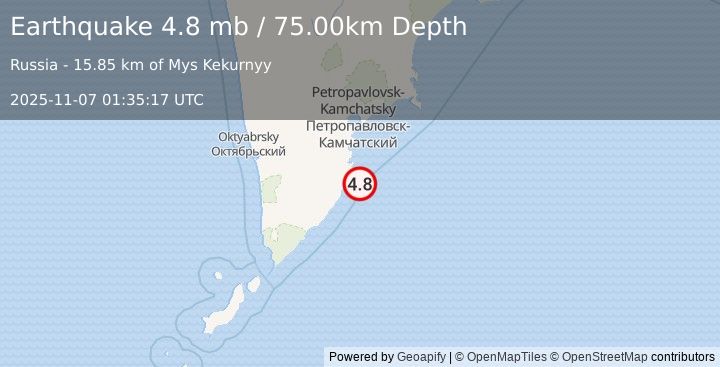 Earthquake NEAR EAST COAST OF KAMCHATKA (4.8 mb) (2025-11-07 01:35:17 UTC)