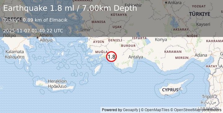 Earthquake DODECANESE IS.-TURKEY BORDER REG (1.8 ml) (2025-11-07 01:40:22 UTC)