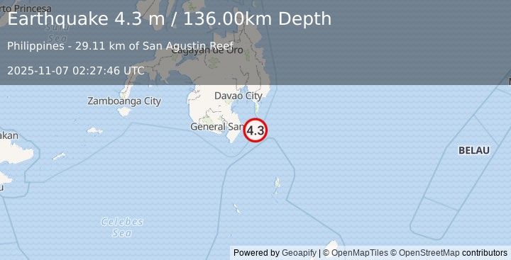 Earthquake MINDANAO, PHILIPPINES (4.3 m) (2025-11-07 02:27:46 UTC)