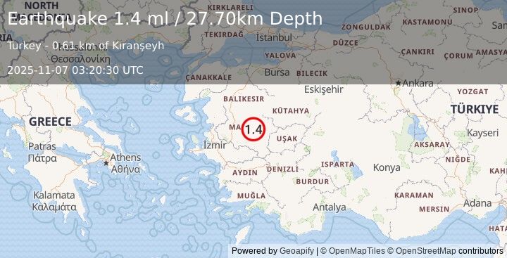 Earthquake WESTERN TURKEY (1.4 ml) (2025-11-07 03:20:29 UTC)