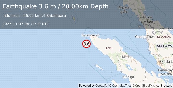 Earthquake OFF W COAST OF NORTHERN SUMATRA (3.6 m) (2025-11-07 04:41:10 UTC)