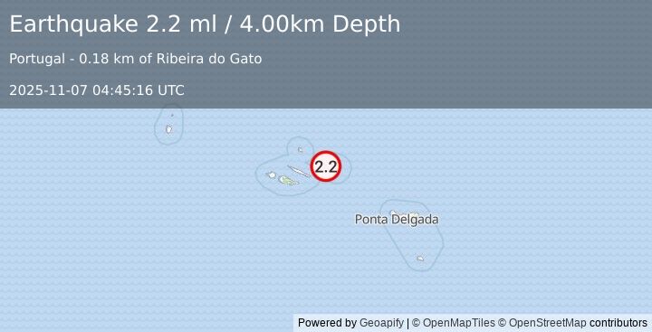 Earthquake AZORES ISLANDS, PORTUGAL (2.2 ml) (2025-11-07 04:45:16 UTC)