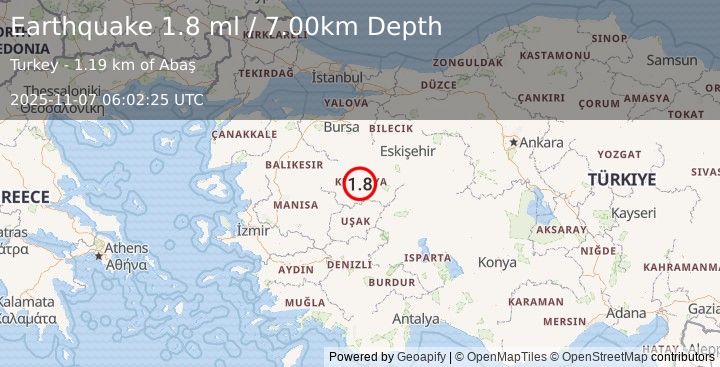 Earthquake WESTERN TURKEY (1.8 ml) (2025-11-07 06:02:25 UTC)