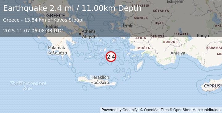 Earthquake DODECANESE ISLANDS, GREECE (2.4 ml) (2025-11-07 06:08:38 UTC)