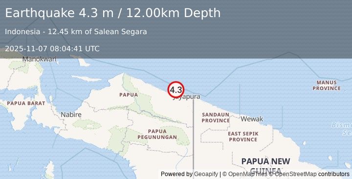 Earthquake NEAR N COAST OF PAPUA, INDONESIA (4.3 m) (2025-11-07 08:04:41 UTC)