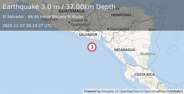Earthquake OFFSHORE EL SALVADOR (3.0 m) (2025-11-07 08:10:27 UTC)