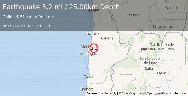 Earthquake ANTOFAGASTA, CHILE (3.2 ml) (2025-11-07 08:17:11 UTC)