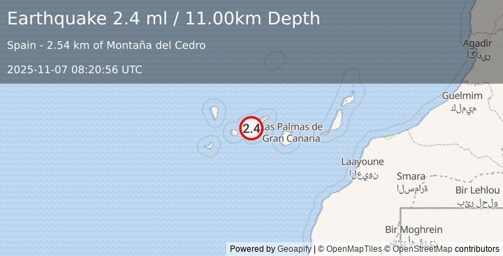 Earthquake CANARY ISLANDS, SPAIN REGION (2.4 ml) (2025-11-07 08:20:56 UTC)