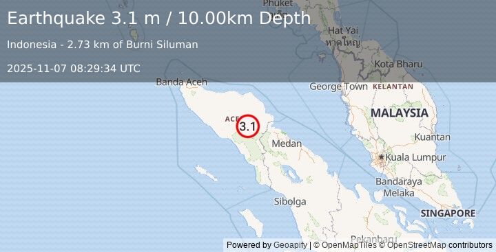 Earthquake NORTHERN SUMATRA, INDONESIA (3.1 m) (2025-11-07 08:29:34 UTC)
