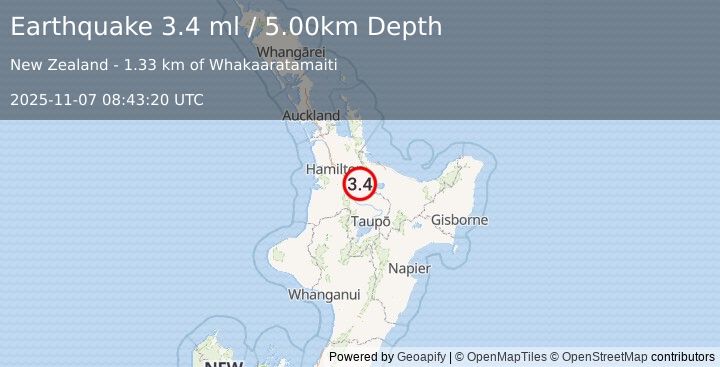 Earthquake NORTH ISLAND OF NEW ZEALAND (3.4 ml) (2025-11-07 08:43:20 UTC)