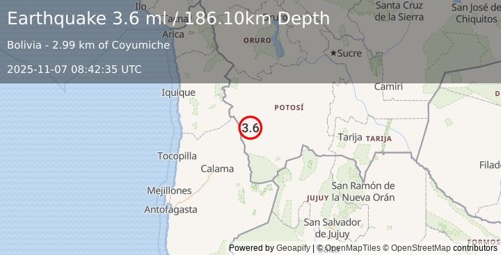 Earthquake POTOSI, BOLIVIA (3.6 ml) (2025-11-07 08:42:35 UTC)