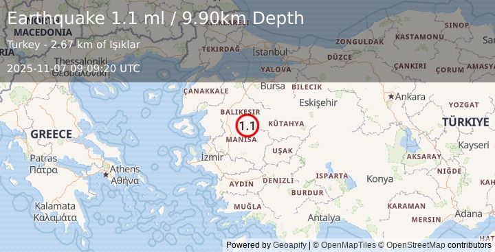 Earthquake WESTERN TURKEY (1.1 ml) (2025-11-07 09:09:20 UTC)