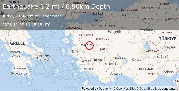 Earthquake WESTERN TURKEY (1.2 ml) (2025-11-07 10:45:15 UTC)