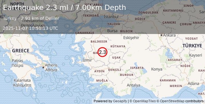 Earthquake WESTERN TURKEY (2.3 ml) (2025-11-07 10:51:13 UTC)