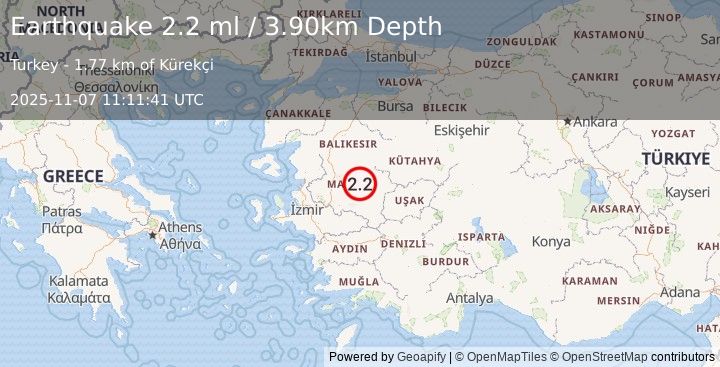 Earthquake WESTERN TURKEY (2.2 ml) (2025-11-07 11:11:41 UTC)
