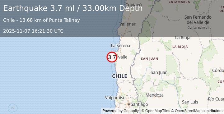 Earthquake OFFSHORE COQUIMBO, CHILE (3.7 ml) (2025-11-07 16:21:30 UTC)
