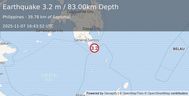 Earthquake MINDANAO, PHILIPPINES (3.2 m) (2025-11-07 16:43:52 UTC)