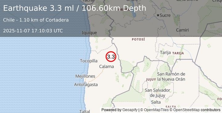 Earthquake ANTOFAGASTA, CHILE (3.3 ml) (2025-11-07 17:10:03 UTC)