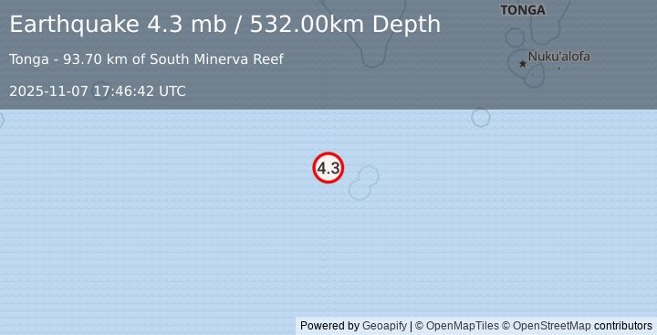 Earthquake SOUTH OF FIJI ISLANDS (4.3 mb) (2025-11-07 17:46:42 UTC)