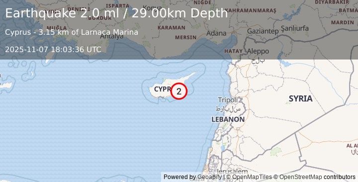 Earthquake CYPRUS REGION (2.0 ml) (2025-11-07 18:03:36 UTC)