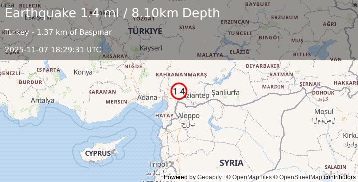 Earthquake CENTRAL TURKEY (1.4 ml) (2025-11-07 18:29:31 UTC)