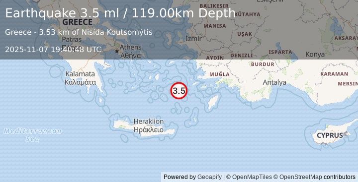 Earthquake DODECANESE ISLANDS, GREECE (3.5 ml) (2025-11-07 19:40:46 UTC)