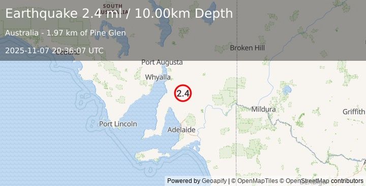 Earthquake NEAR COAST OF SOUTH AUSTRALIA (2.4 ml) (2025-11-07 20:36:07 UTC)