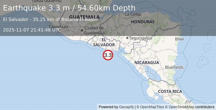 Earthquake OFFSHORE EL SALVADOR (3.3 m) (2025-11-07 21:41:46 UTC)
